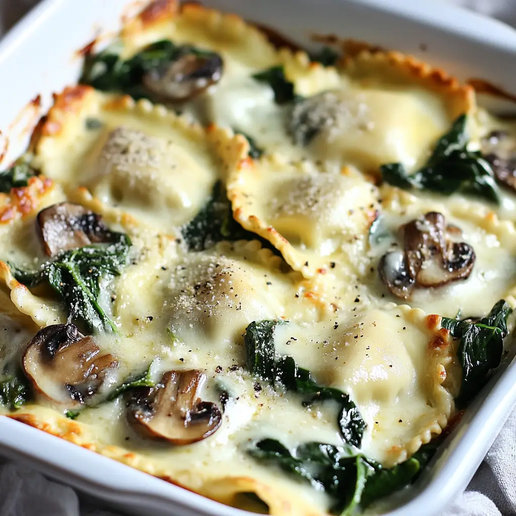Cheesy Spinach Mushroom Ravioli Casserole