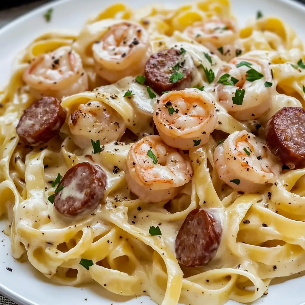 Shrimp Fettuccine Alfredo with Sausage