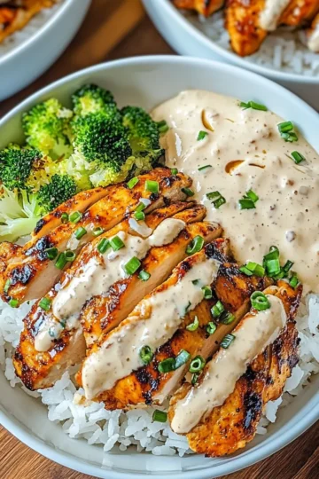 Chicken and Rice Bowls with Creamy Garlic Sauce