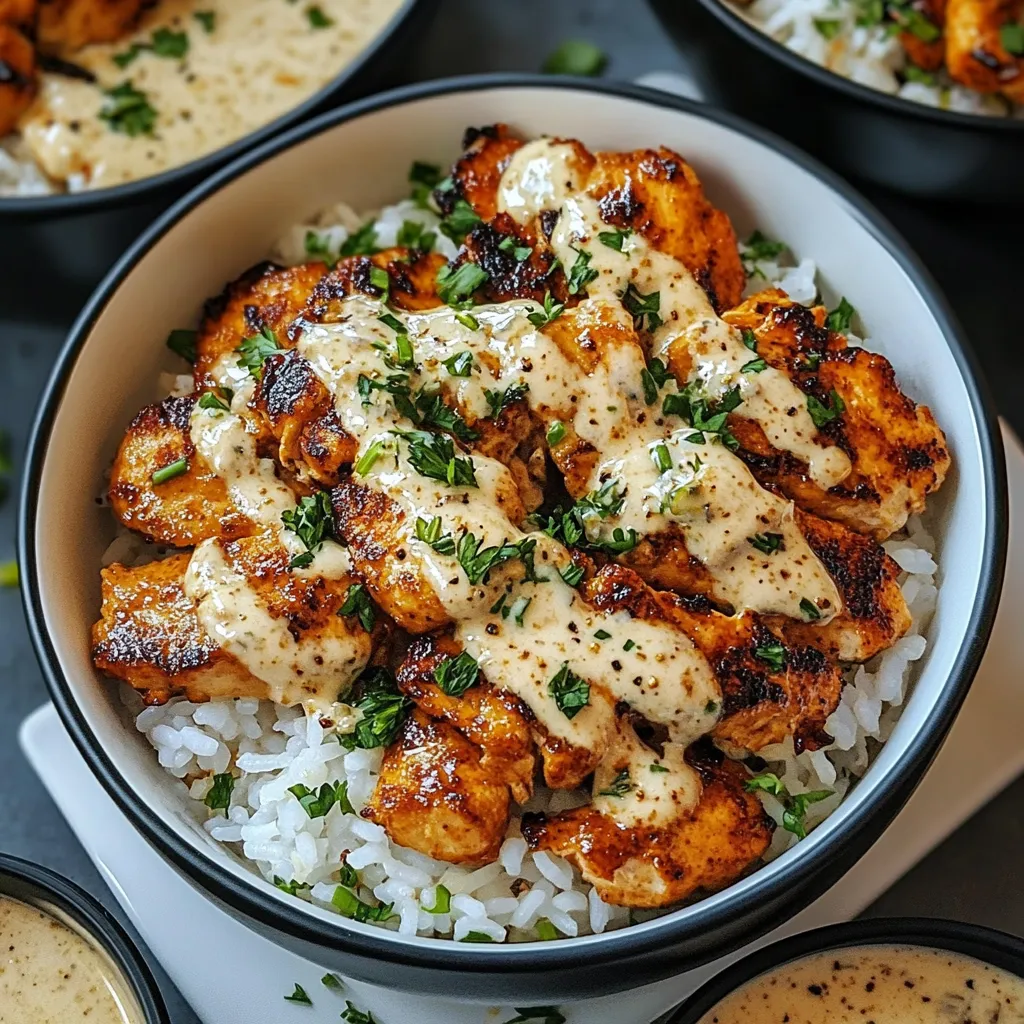 Chicken and Rice Bowls with Creamy Garlic Sauce for Dinner