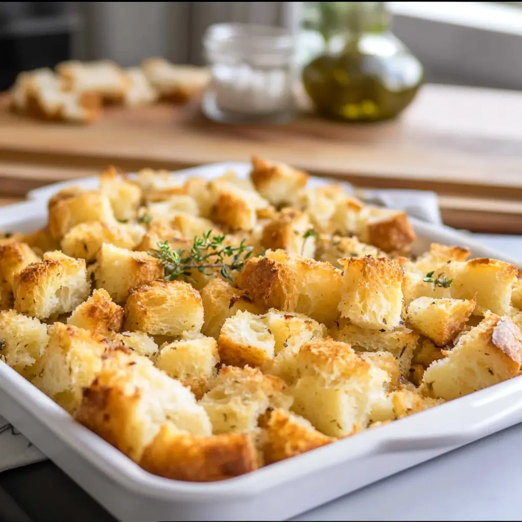 Homemade stuffing with fresh bread and chicken