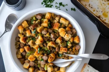 Old fashioned bread and sausage stuffing with bread crumbs
