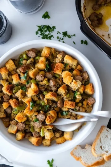 Old fashioned bread and sausage stuffing with bread crumbs