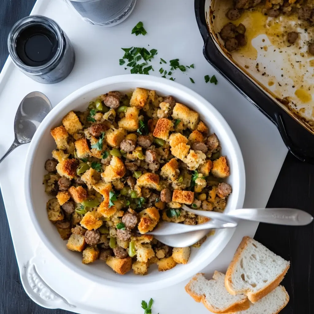 Old fashioned bread and sausage stuffing with bread crumbs