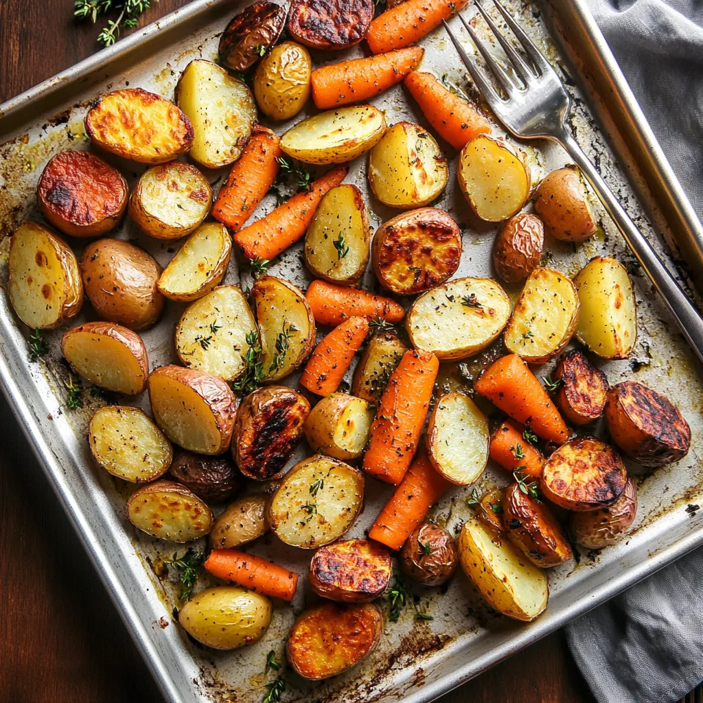 Roasted potatoes and carrots onions