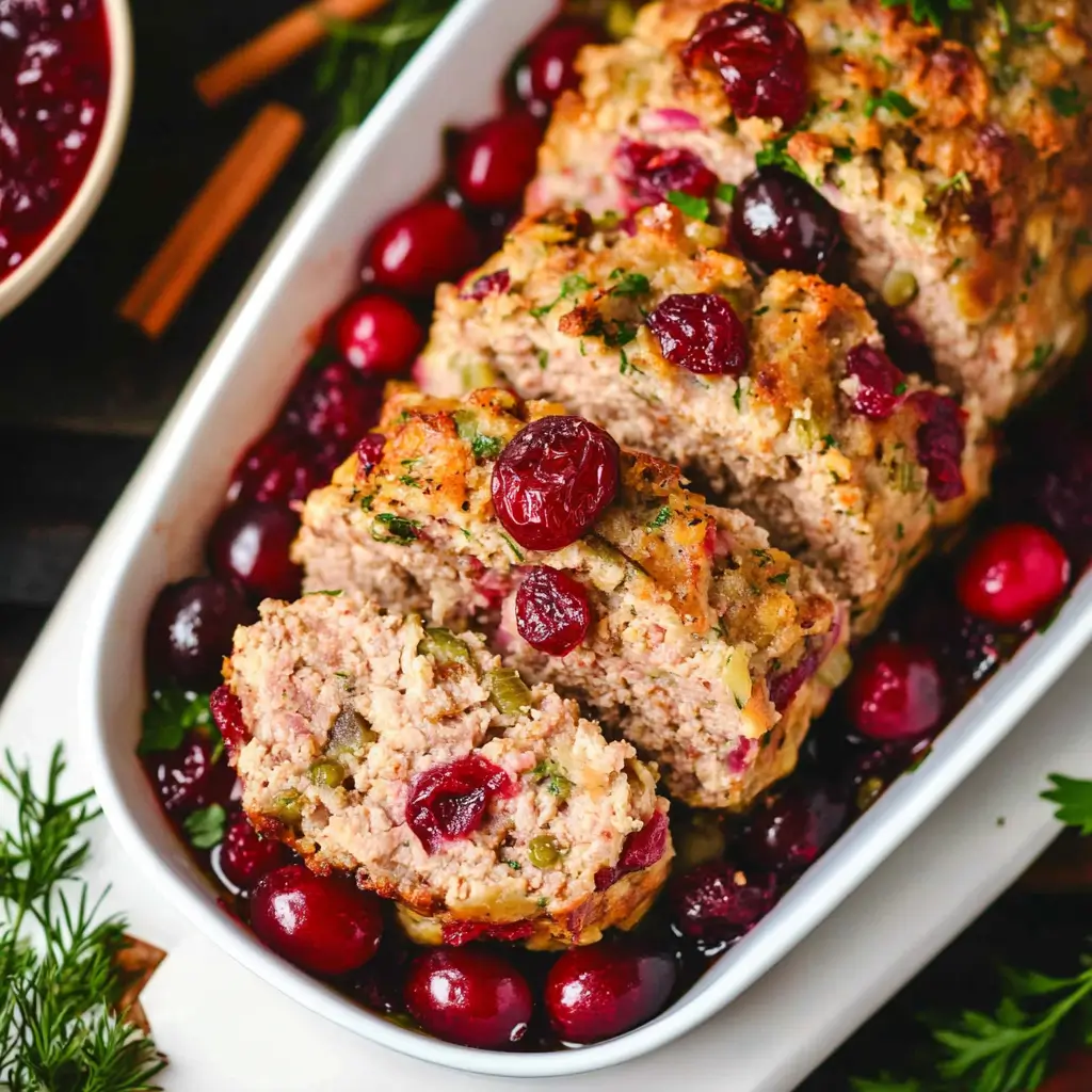 Turkey Meatloaf with Stuffing and Cranberry Sauce