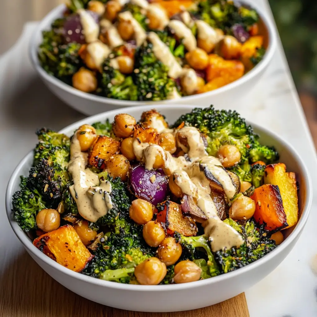 roasted chickpea & veggie bowls with green tahini sauce