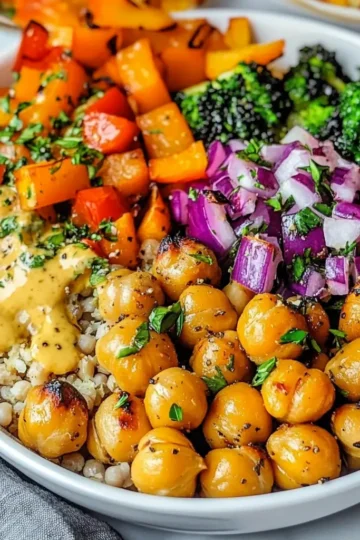 roasted veggie and chickpea bowls with maple dijon tahini dressing