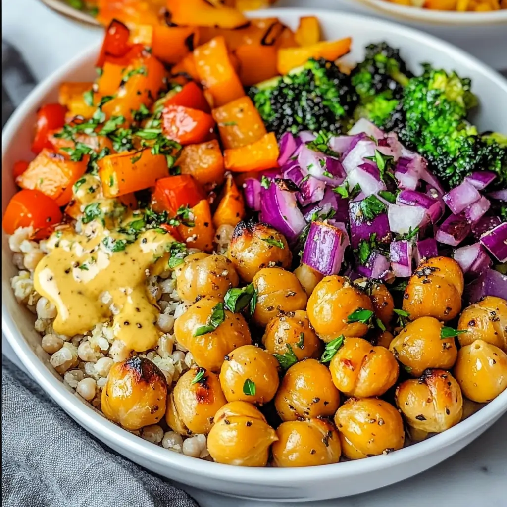 roasted veggie and chickpea bowls with maple dijon tahini dressing