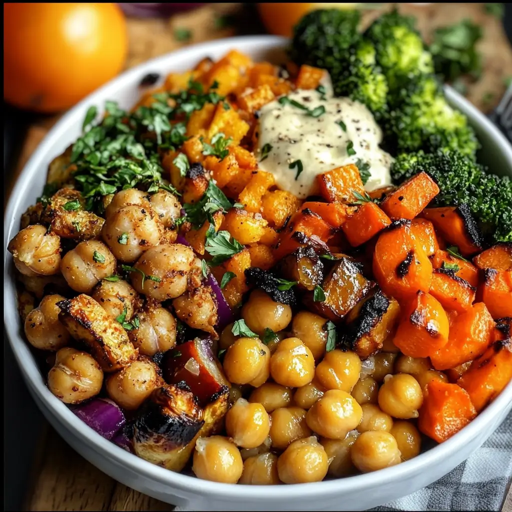 roasted veggie and chickpea bowls with maple tahini