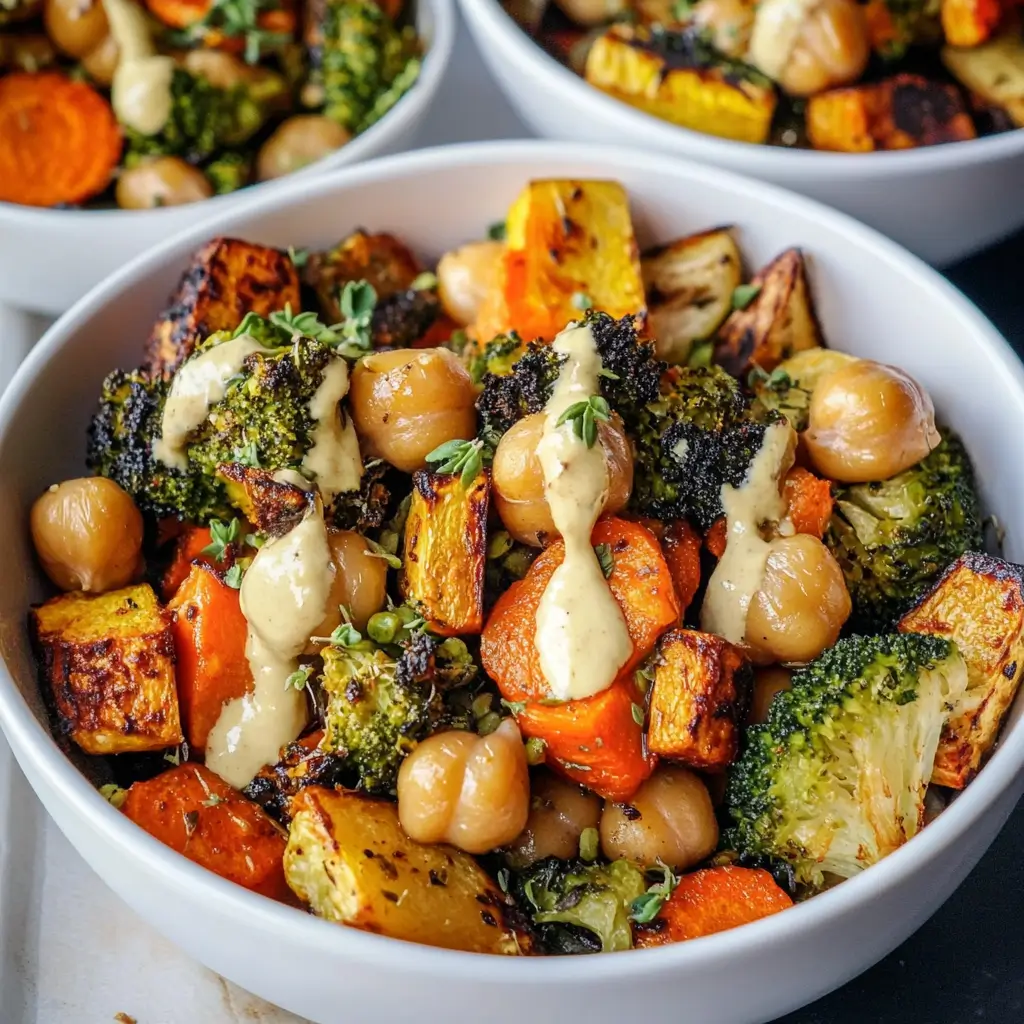 roasted veggie chickpea bowls with maple dijon tahini
