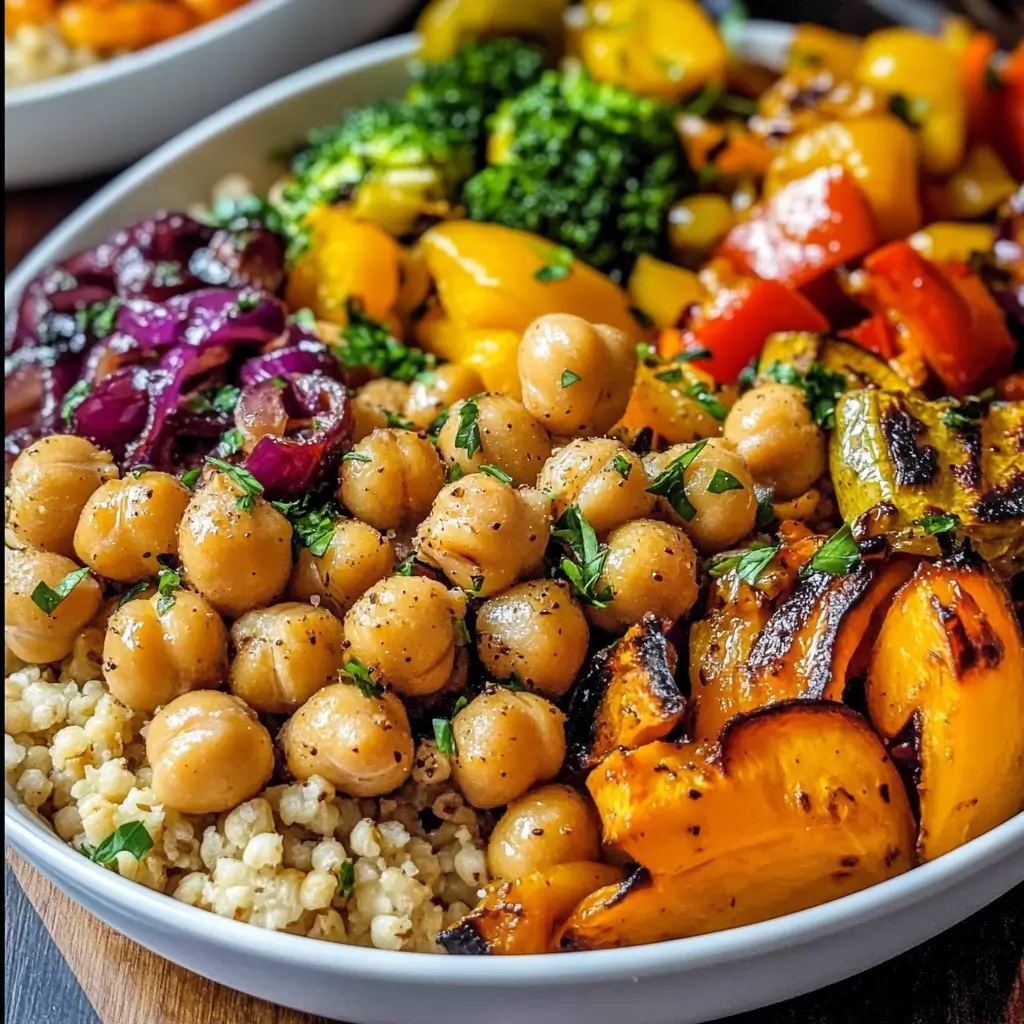 roasted veggie chickpea bowls with maple