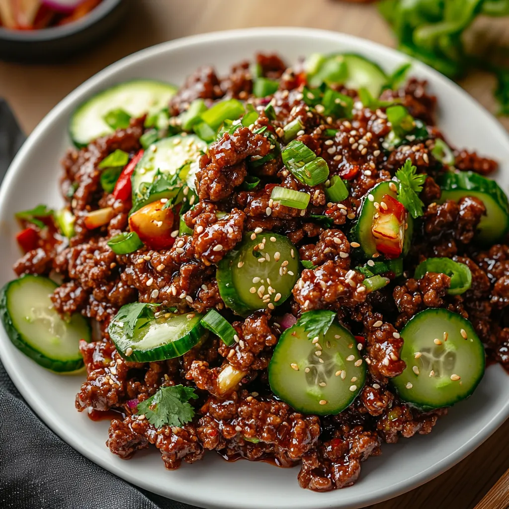 Spicy Keto Korean Ground Beef with Cucumber Salad