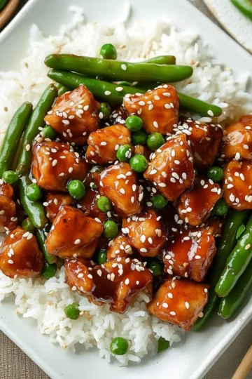 Sesame Chicken with Green Beans and Rice