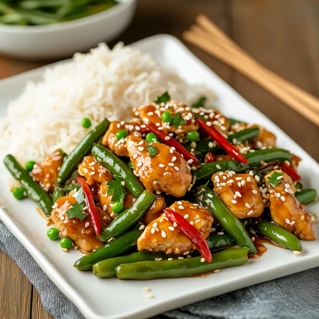 Sesame Chicken with Green Beans and Rice
