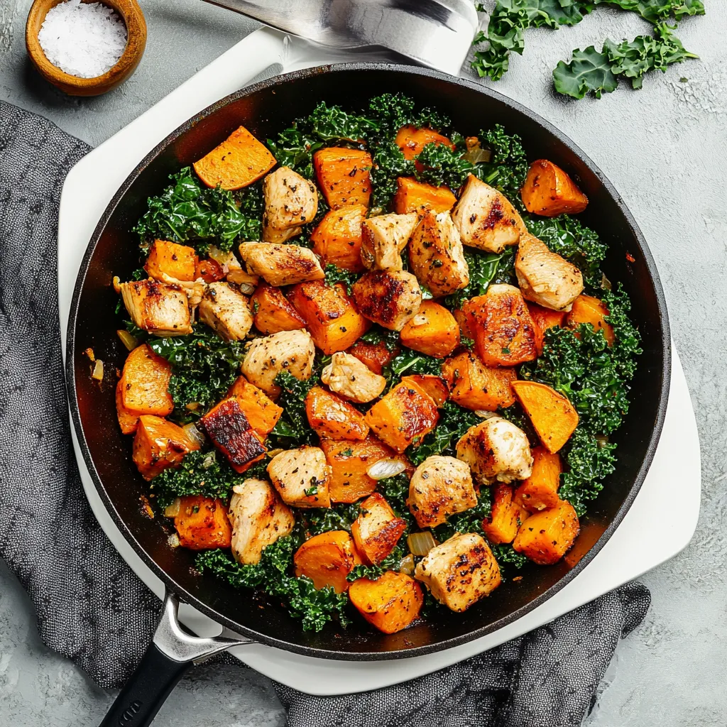 One Pan Sweet Potato Chicken Kale Skillet