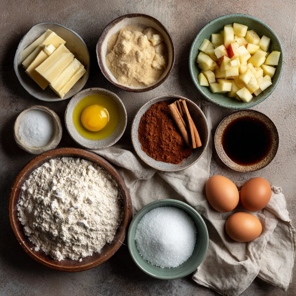 Flat lay of baking ingredients for Amish Apple Fritter Bread