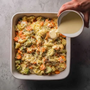 Assembling Creamy Vegetable Casserole before baking.