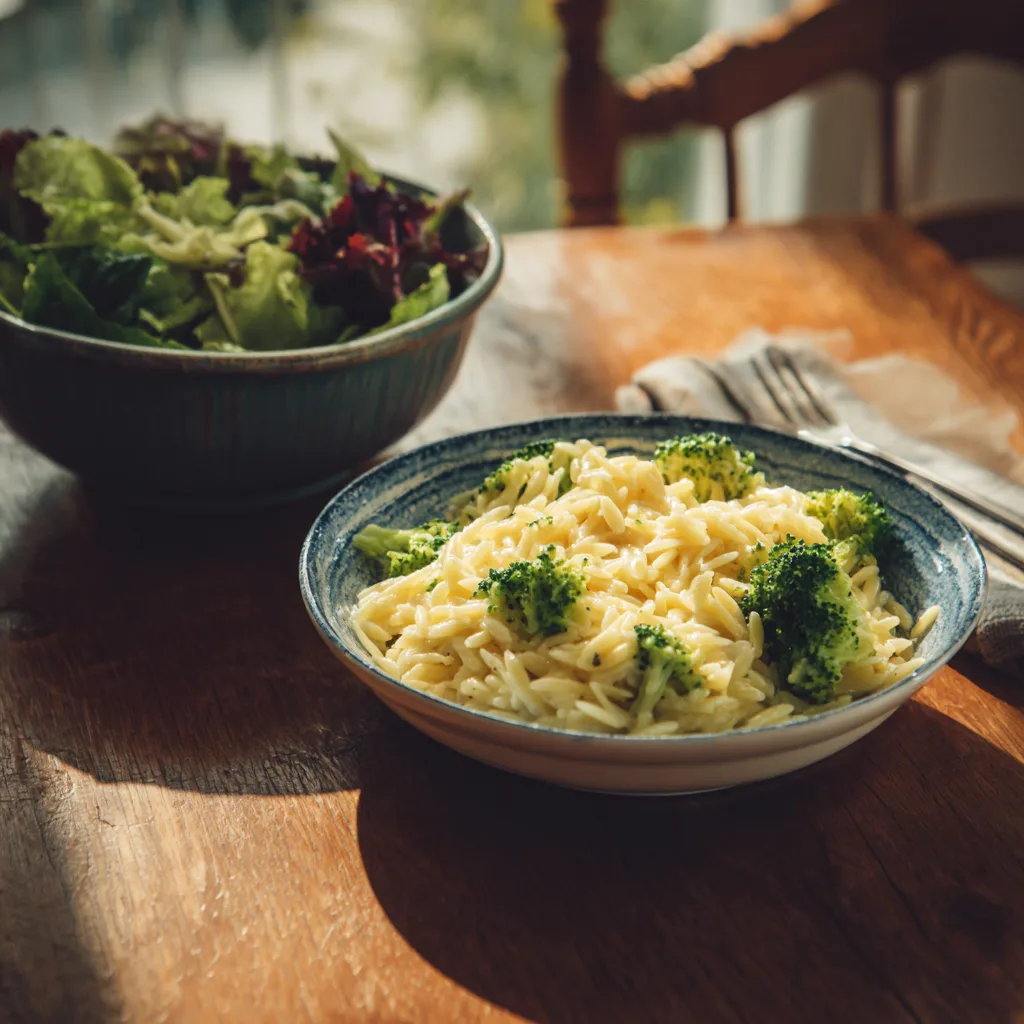Cheesy Orzo With Broccoli Served as a Main Dish