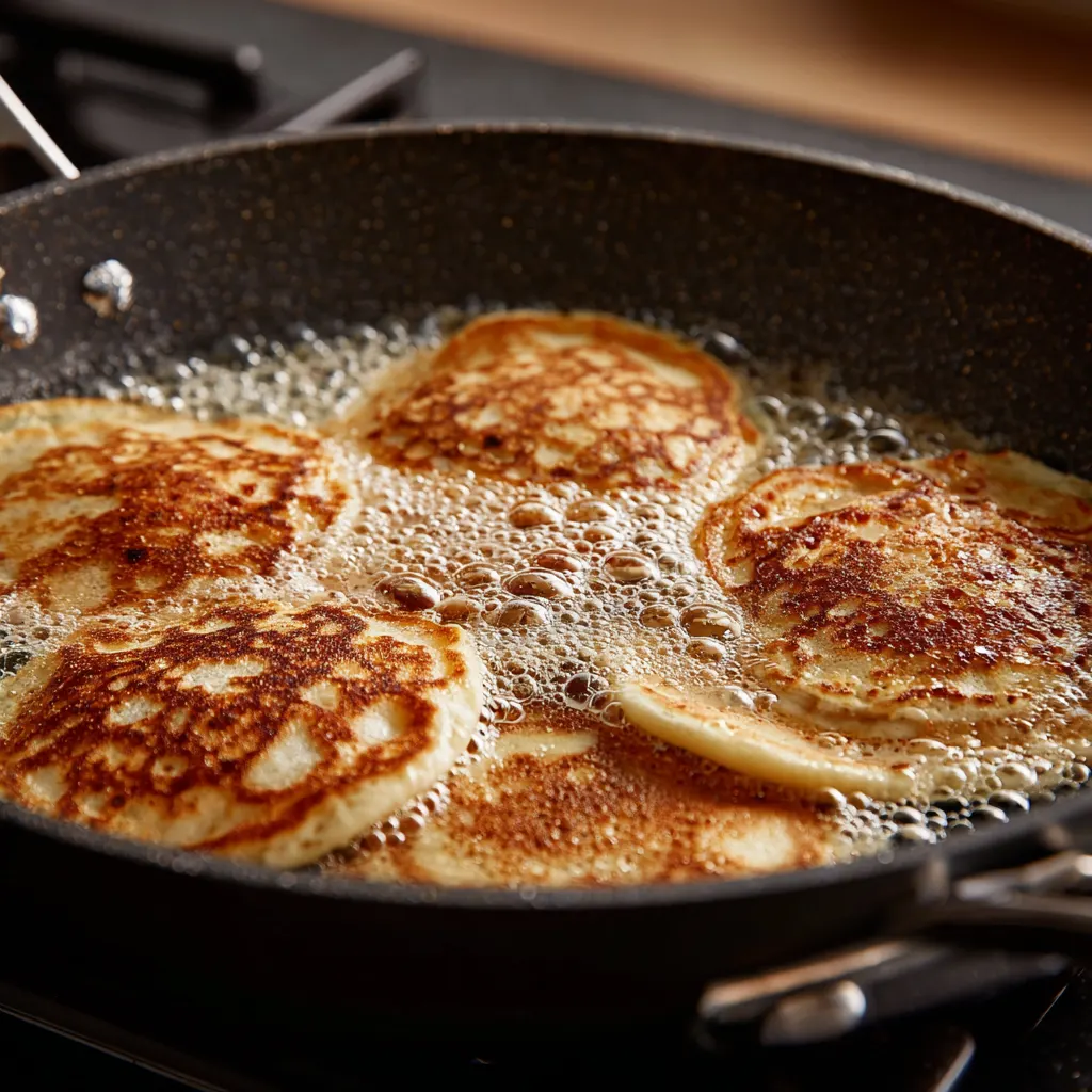 Cooking banana pancakes until golden