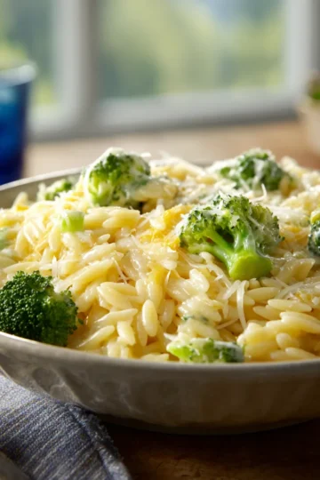 Creamy Cheesy Orzo With Broccoli Texture Close Up