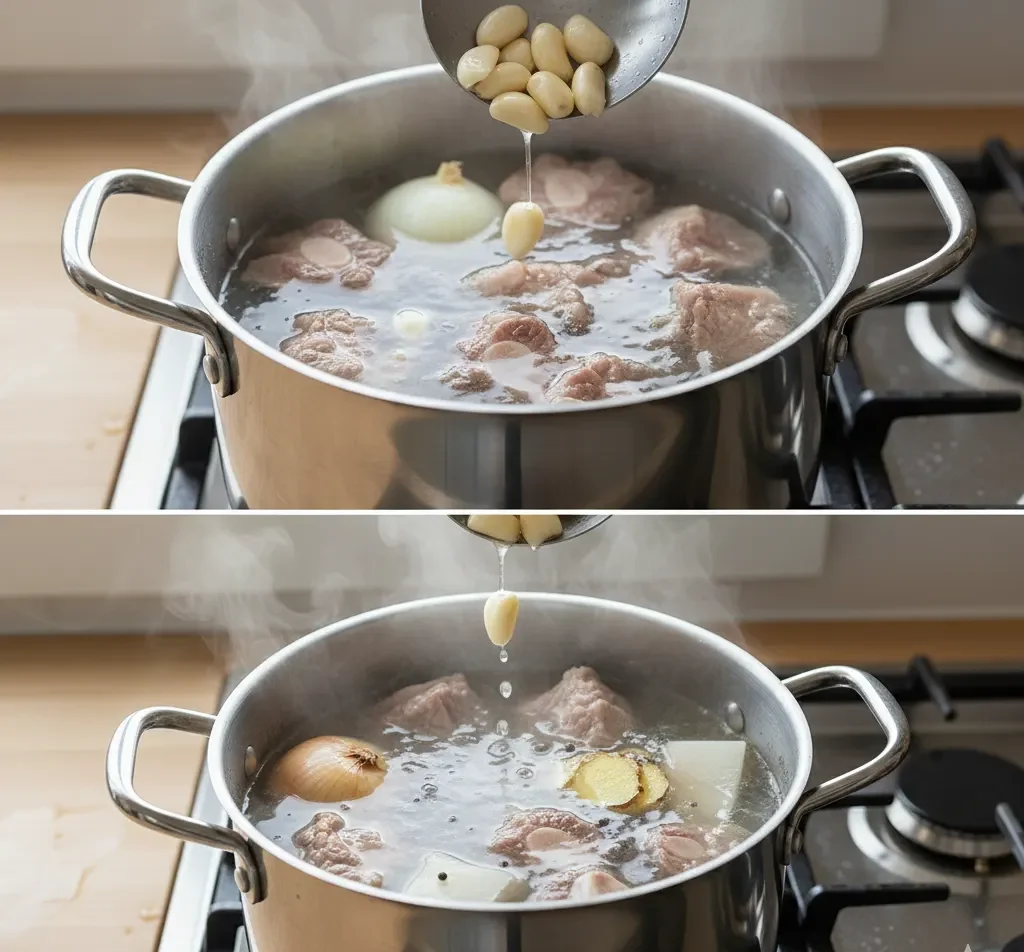 Korean Oxtail Soup Served with Rice and Kimchi