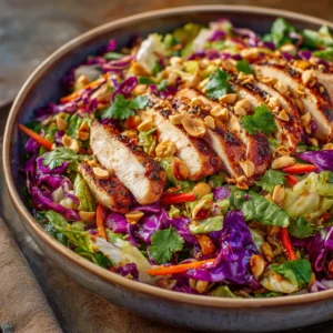 Fresh and colorful Asian Chicken Crunch Salad ready to serve.