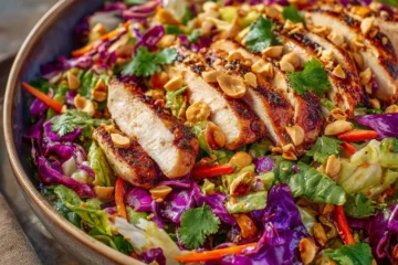 Fresh and colorful Asian Chicken Crunch Salad ready to serve.