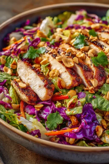 Fresh and colorful Asian Chicken Crunch Salad ready to serve.