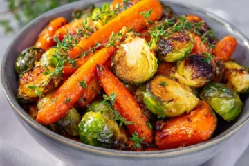 Golden roasted Crispy Maple Glazed Carrots and Brussel Sprouts fresh from the oven.