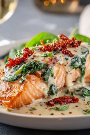 Keto Creamy Tuscan Salmon Ready to Serve
