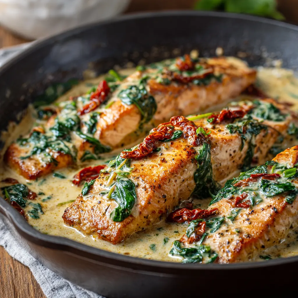 Keto Creamy Tuscan Salmon in Garlic Cream Sauce