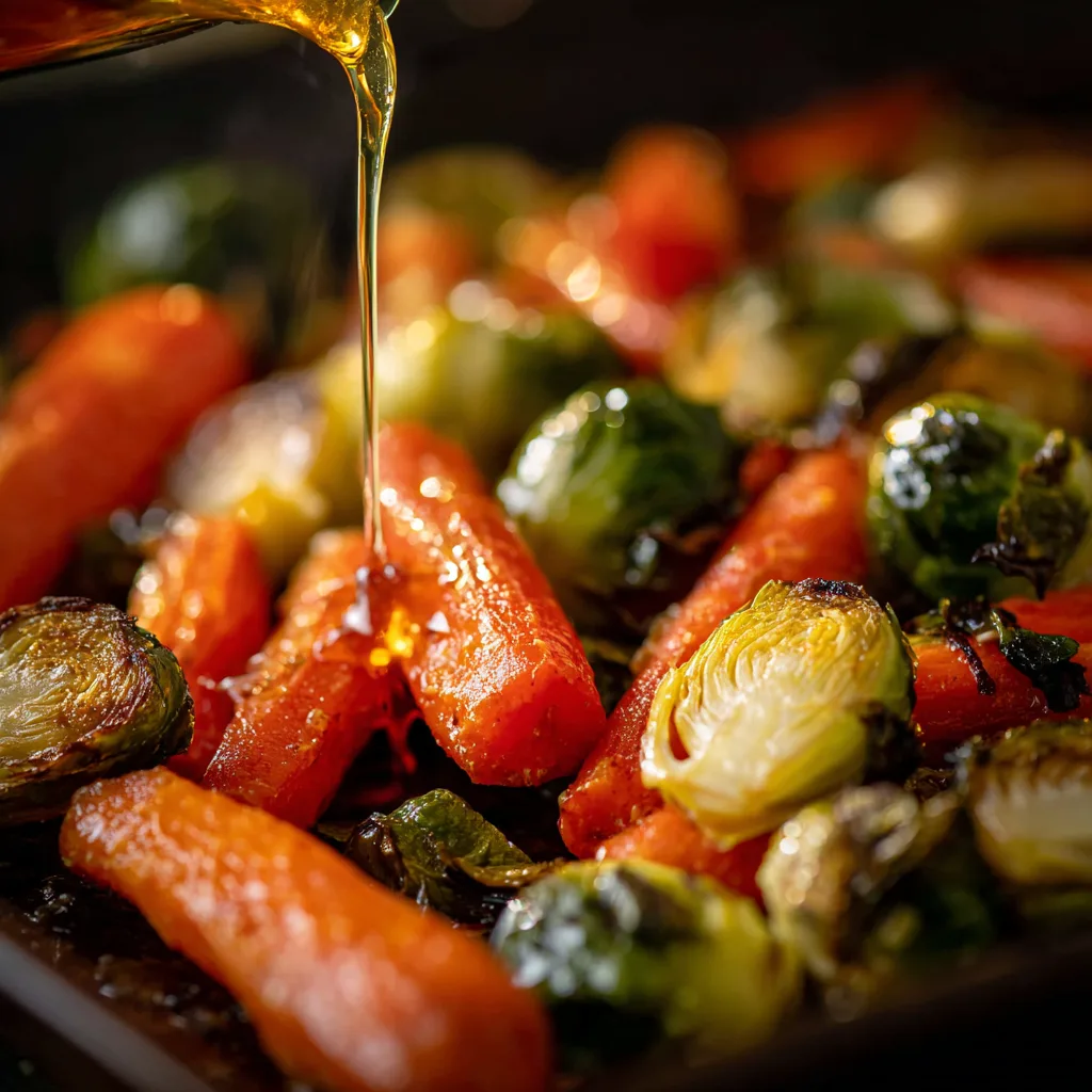 Maple glaze adds flavor to Crispy Maple Glazed Carrots and Brussel Sprouts.