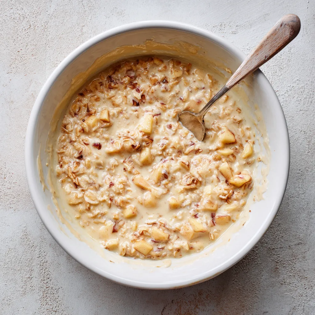 Mixing oatmeal apple breakfast bake batter in bowl