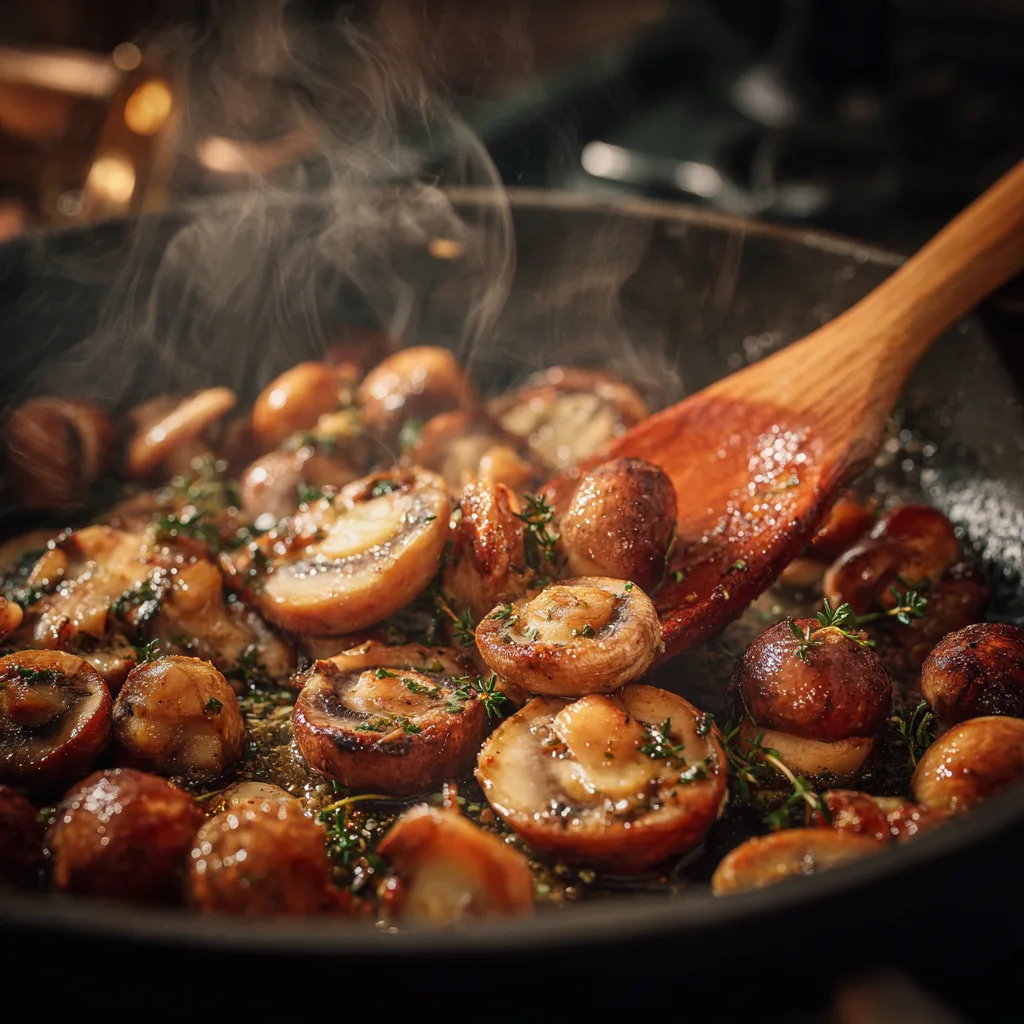 Mushrooms cooking until golden for Creamy Butter Beans and Mushrooms.