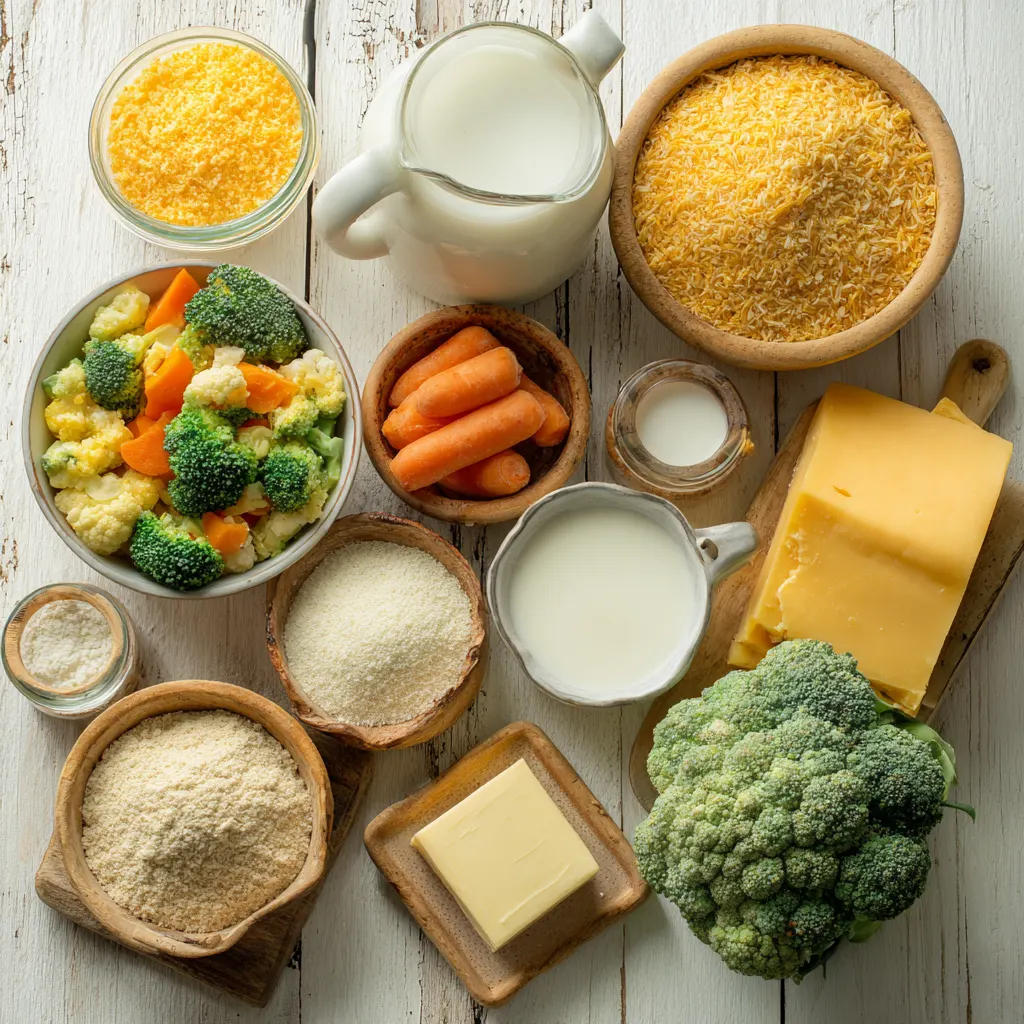 Simple ingredients for Creamy Vegetable Casserole.Simple ingredients for Creamy Vegetable Casserole.