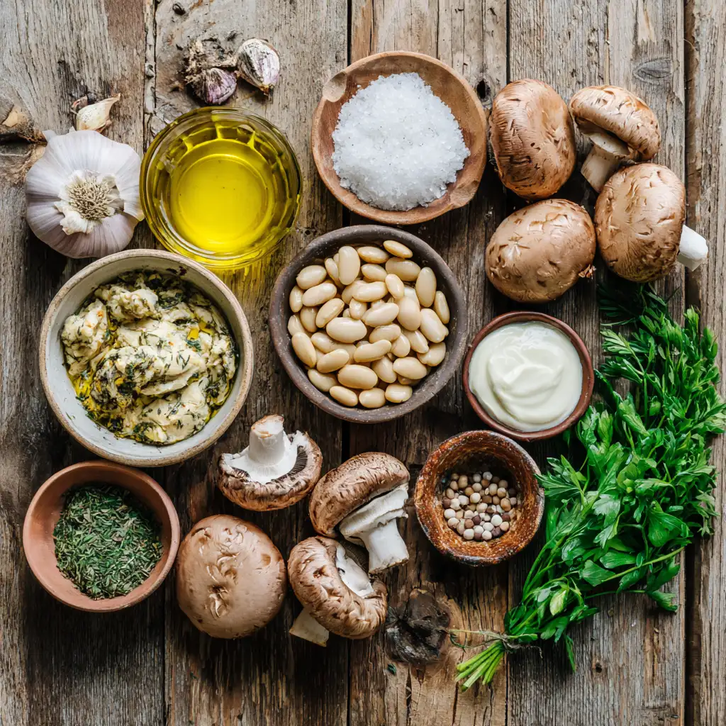 Simple ingredients used to make Creamy Butter Beans and Mushrooms at home.