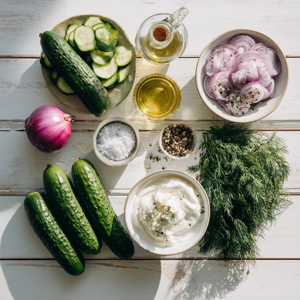 Simple ingredients used to make Cucumber Dill Salad.