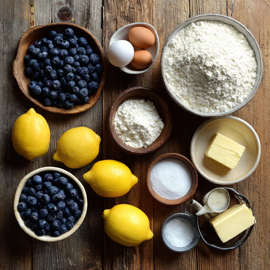 Simple ingredients used to make lemon blueberry pound cake.