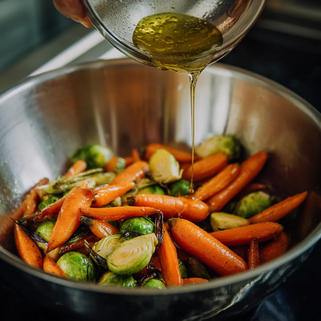 Toss vegetables well for evenly cooked Crispy Maple Glazed Carrots and Brussel Sprouts.