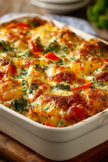 Warm and comforting Creamy Vegetable Casserole fresh from the oven.