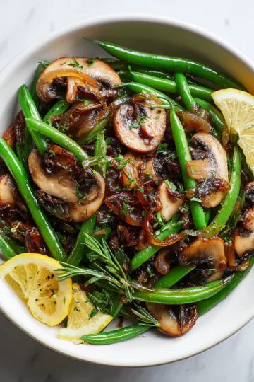 Healthy Green Beans with Caramelized Shallots and Mushrooms